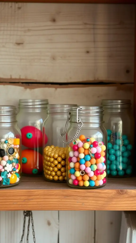 Colorful mason jars filled with beads and trinkets on a wooden shelf