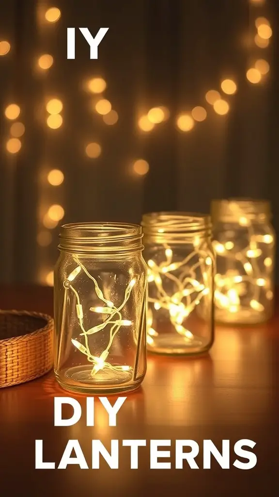 Mason jar lanterns with string lights glowing in a cozy setting