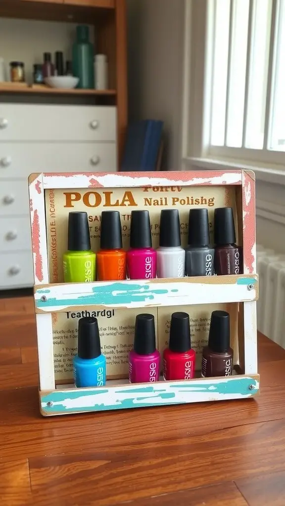 19+Creative Nail Polish Storage Ideas You’ll Love 7 A DIY nail polish holder displaying various colorful nail polish bottles on a wooden table.