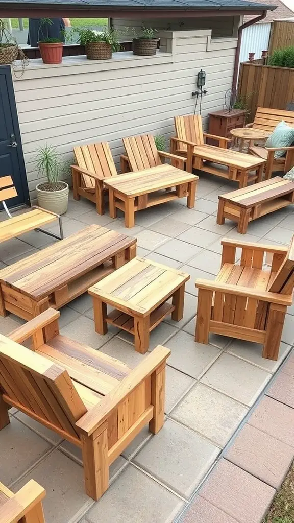 A cozy patio with DIY wooden furniture including chairs and tables.