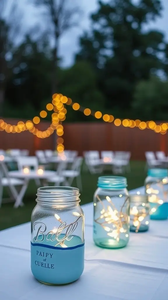 23+ Creative Patio String Light Ideas to Transform Your Outdoor Space 8 DIY painted jar lanterns with string lights on a table, with string lights in the background.