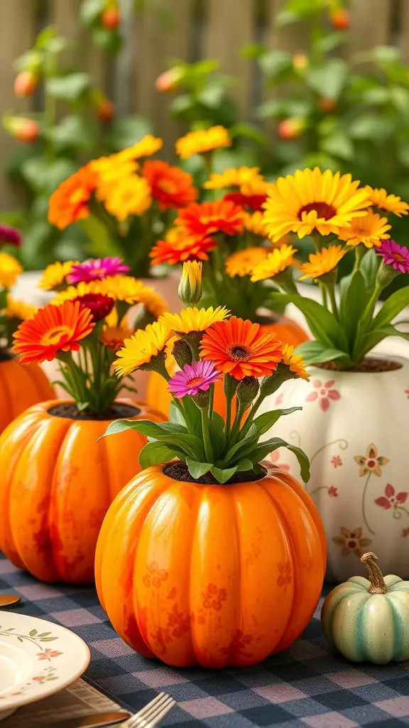 21 Gorgeous Fall Planters to Brighten Your Garden 17 Colorful painted pumpkin planters with flowers, showcasing a festive fall decor idea.