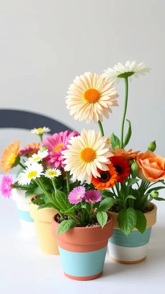 23 Stunning Dollar Tree Centerpieces You Can DIY 17 Colorful DIY painted terra cotta pots filled with various artificial flowers.