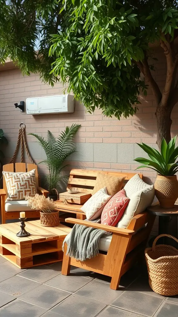 19 Creative Backyard Ideas for Renters 2 Cozy outdoor seating area with DIY pallet furniture, cushions, and plants.