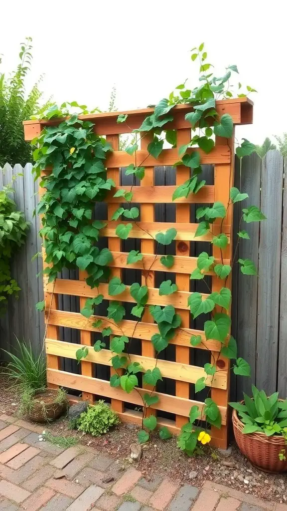 23 Creative Trellis Ideas for Ultimate Privacy in Your Garden 7 A wooden pallet trellis with climbing green plants in a garden setting.