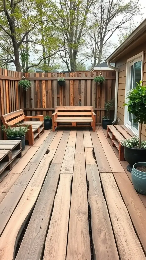 27 Affordable Patio Floor Ideas That Transform Your Outdoor Space 5 A cozy patio with pallet wood flooring, surrounded by greenery and simple wooden furniture.