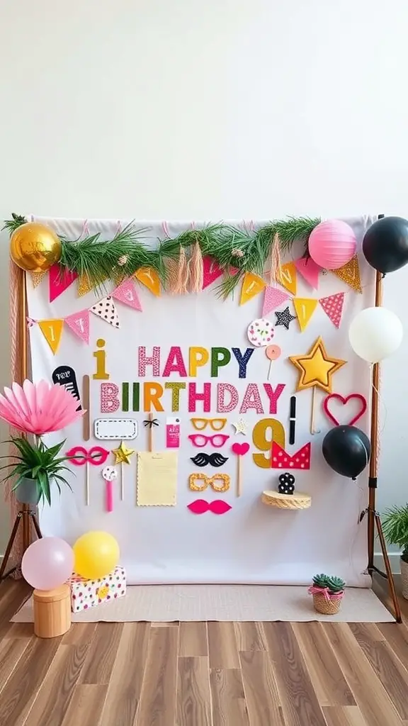 27+ Creative Birthday Decoration Ideas for an Unforgettable Celebration 7 Colorful DIY photo booth backdrop for a birthday party with decorations and props.