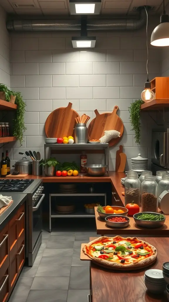 33 Fun and Creative House Party Ideas to Dazzle Your Guests 17 A cozy kitchen with fresh ingredients for a DIY pizza party, featuring a freshly baked pizza on the counter.