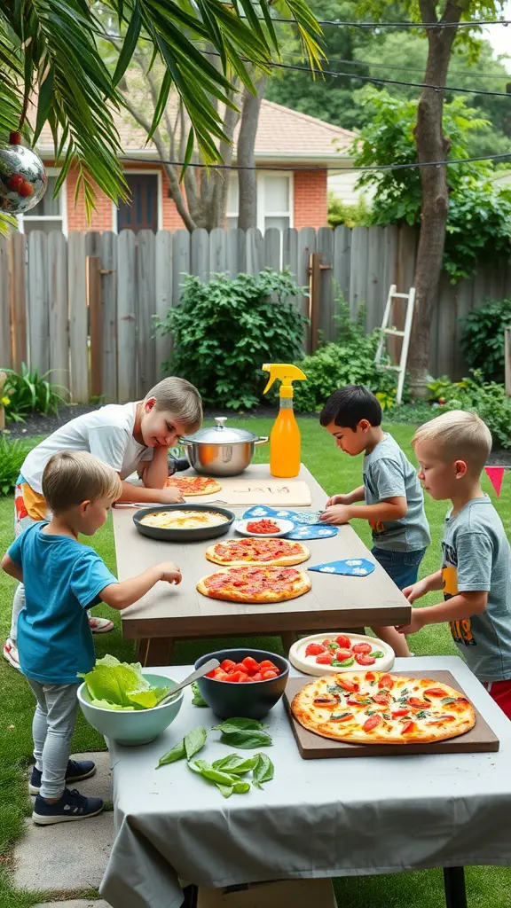 Kids making their own pizzas at a DIY pizza party station in a backyard.