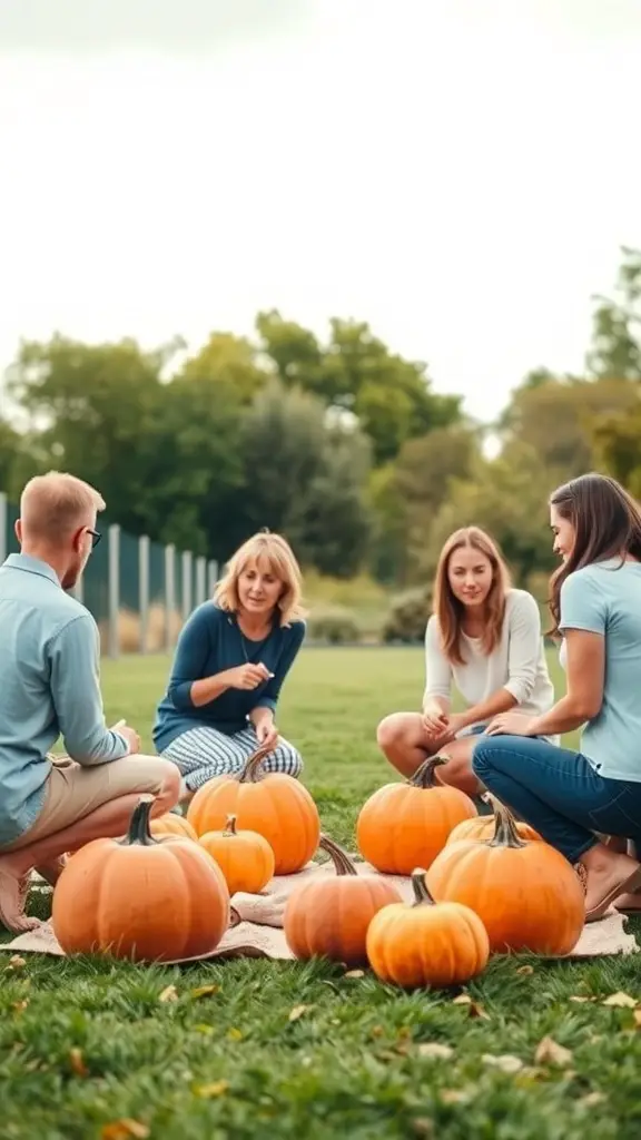 21 Adorable Pumpkin Baby Shower Ideas You’ll Love 8 A group of friends enjoying a pumpkin-themed baby shower outdoors, surrounded by pumpkins.