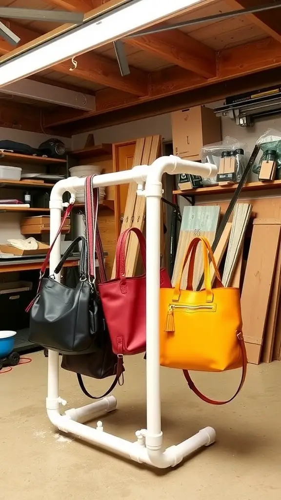 A DIY PVC pipe handbag rack displaying three bags in a workshop setting.