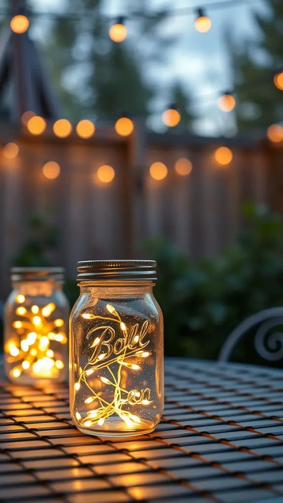 Mason jars filled with fairy lights on a table, glowing softly in an outdoor setting.