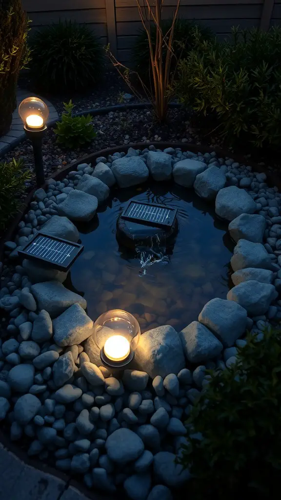 A DIY solar light water feature with a small pond surrounded by stones and solar lights.