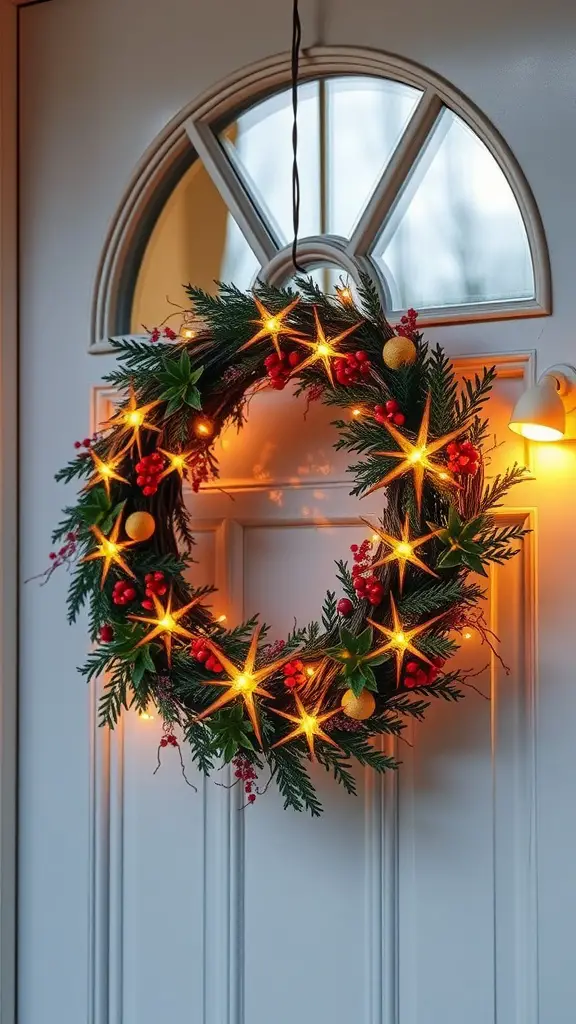 A beautifully decorated wreath with solar lights hanging on a door.
