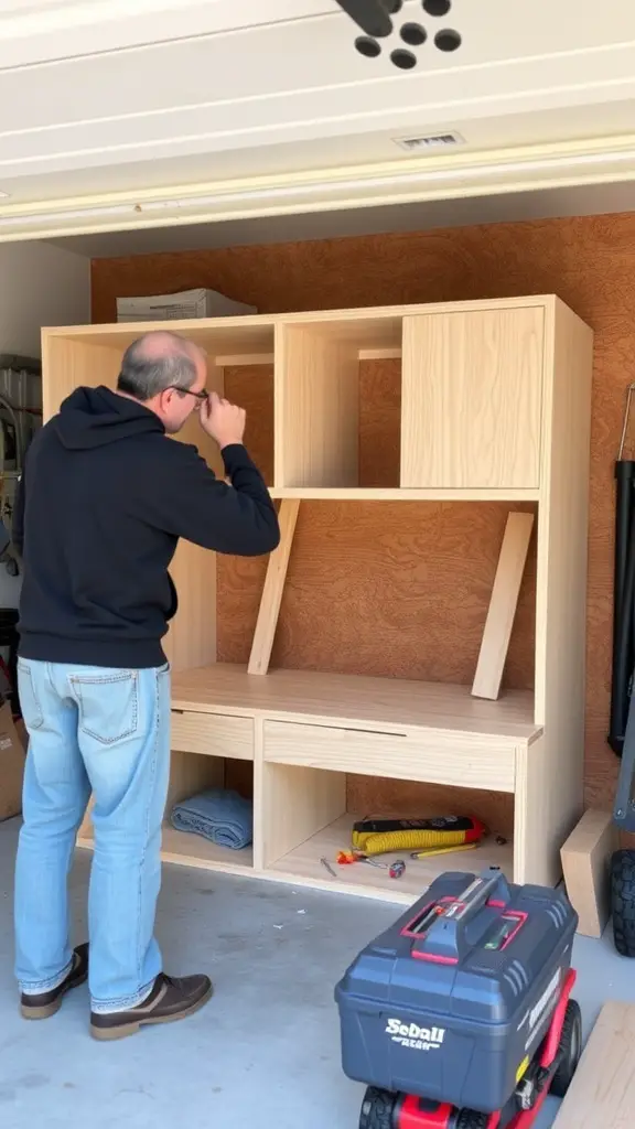37+Genius Ideas for Garage Storage Organization 14 A person inspecting a wooden storage unit in a garage
