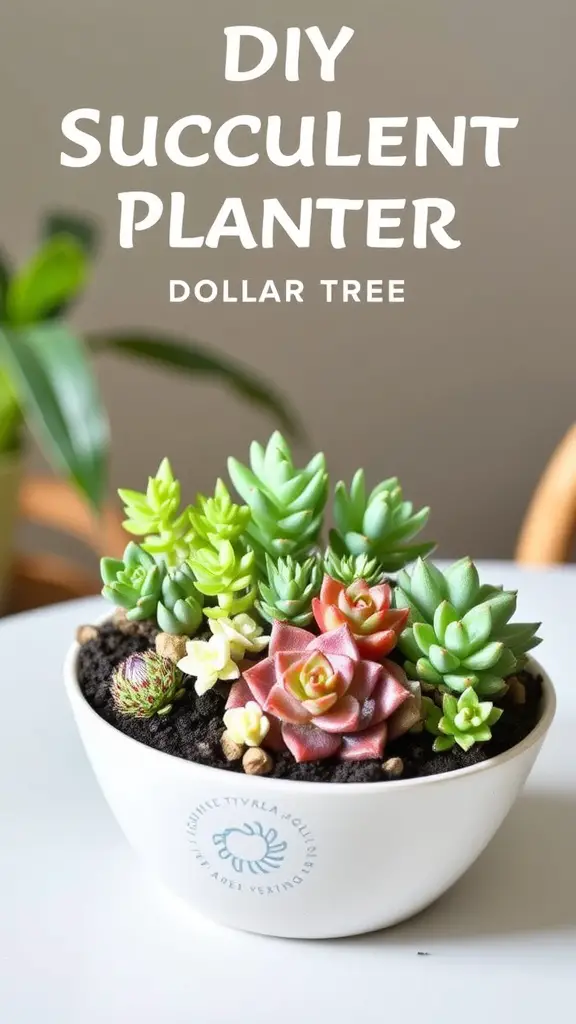23 Stunning Dollar Tree Centerpieces You Can DIY 10 A DIY succulent planter made from Dollar Tree supplies featuring various artificial succulents in a white bowl.