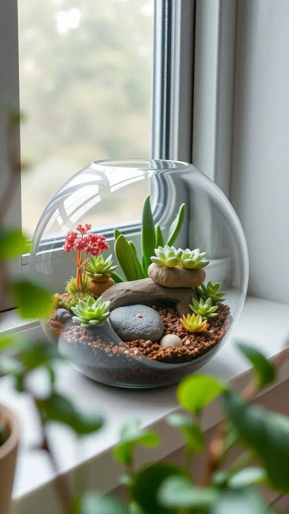 A beautifully arranged DIY terrarium with succulents and decorative stones.
