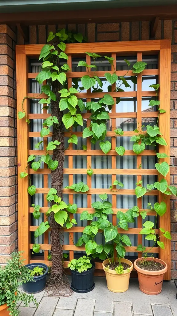 19 Must-Have Vegetables for Your Balcony Garden 12 A wooden trellis with climbing plants and potted herbs on a balcony.