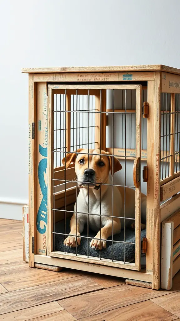 17+ Creative Dog Crate Ideas for Stylish Pet Spaces 8 A stylish DIY upcycled dog crate with a dog inside, featuring a wooden frame and metal bars.