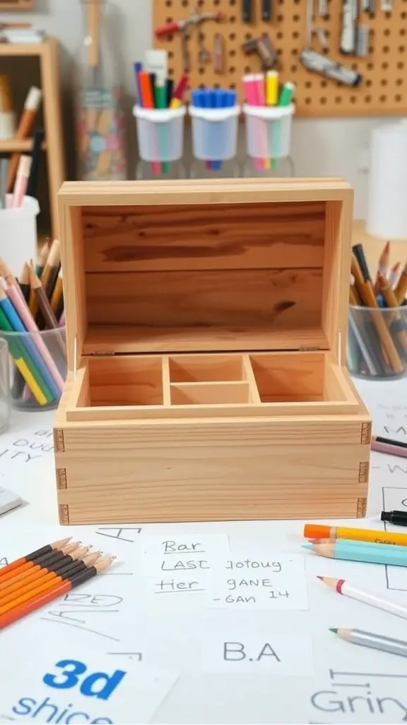 19 Creative DIY Storage Box Ideas You Need to Try 13 A DIY wooden box with dividers, open to show four compartments, surrounded by colorful pencils and craft supplies.