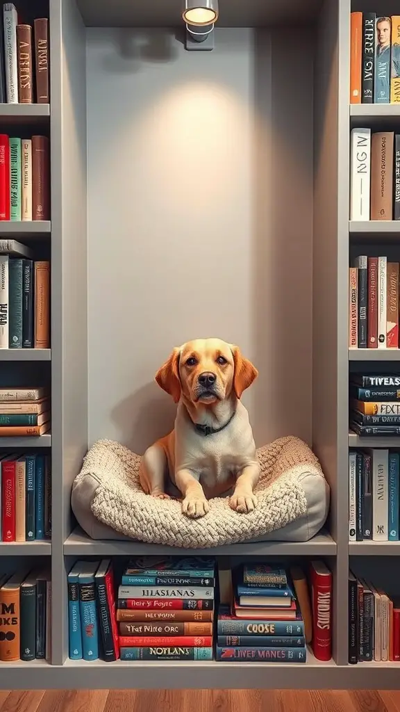 A cozy dog nook with a dog sitting on a bed surrounded by bookshelves.