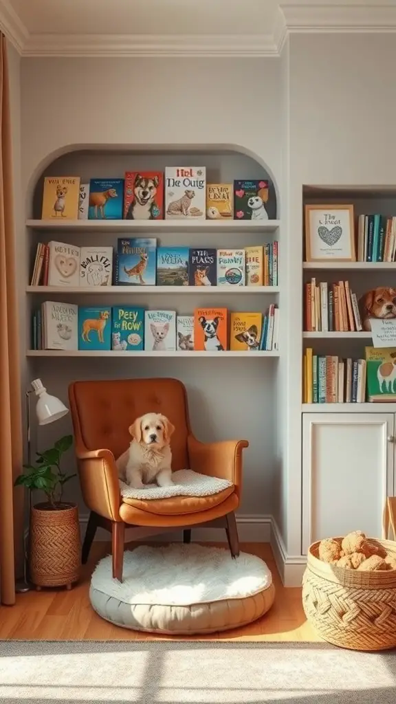 19+ Unique Dog Corner Ideas to Elevate Your Pet's Space 5 A cozy dog-friendly reading nook featuring a brown chair, a golden retriever puppy, and shelves filled with colorful books.