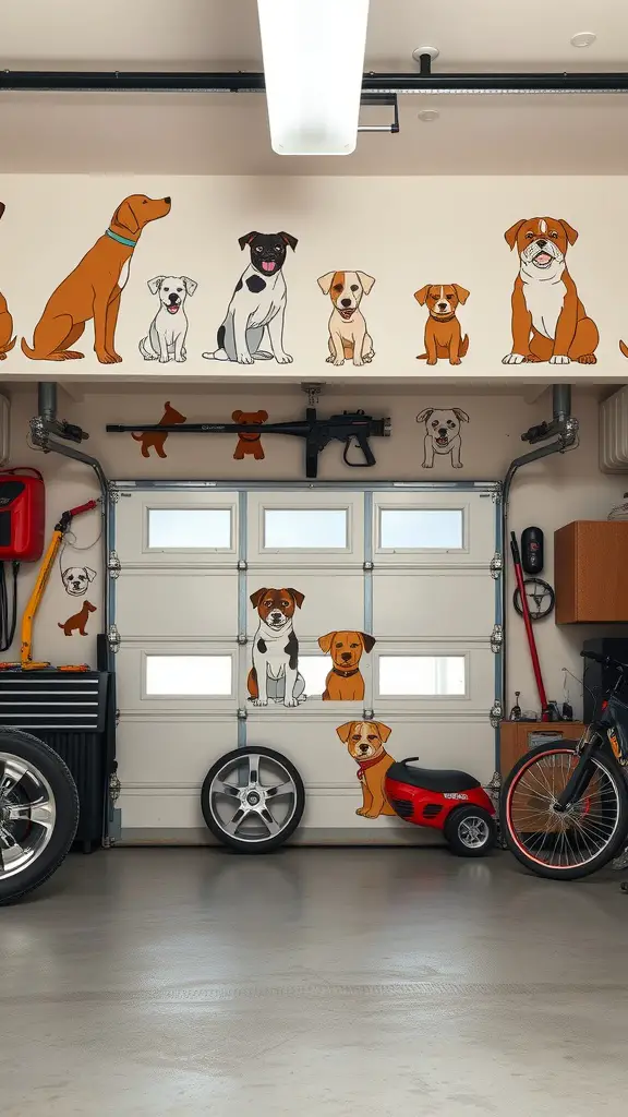 17+ Creative Dog Room Ideas for Your Garage 14 Colorful dog illustrations on the wall of a garage, creating a playful atmosphere.