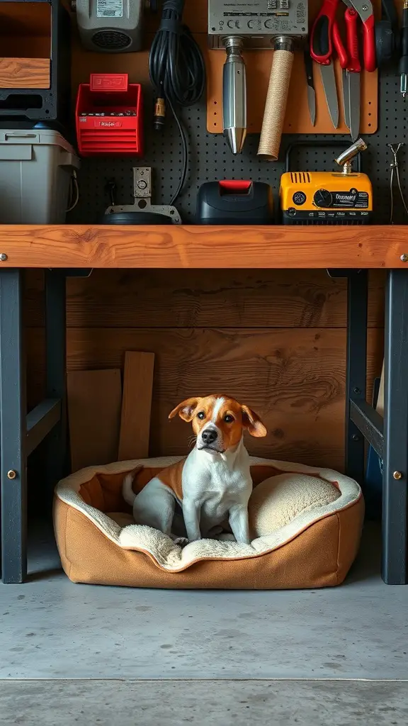 17+ Creative Dog Room Ideas for Your Garage 17 A dog resting in a cozy bed under a workbench in a garage filled with tools.