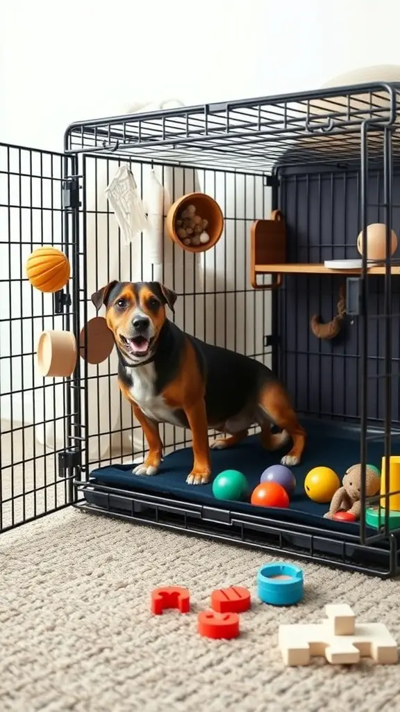 17+ Creative Dog Crate Ideas for Stylish Pet Spaces 11 A dog standing in a crate filled with colorful toys and interactive features.