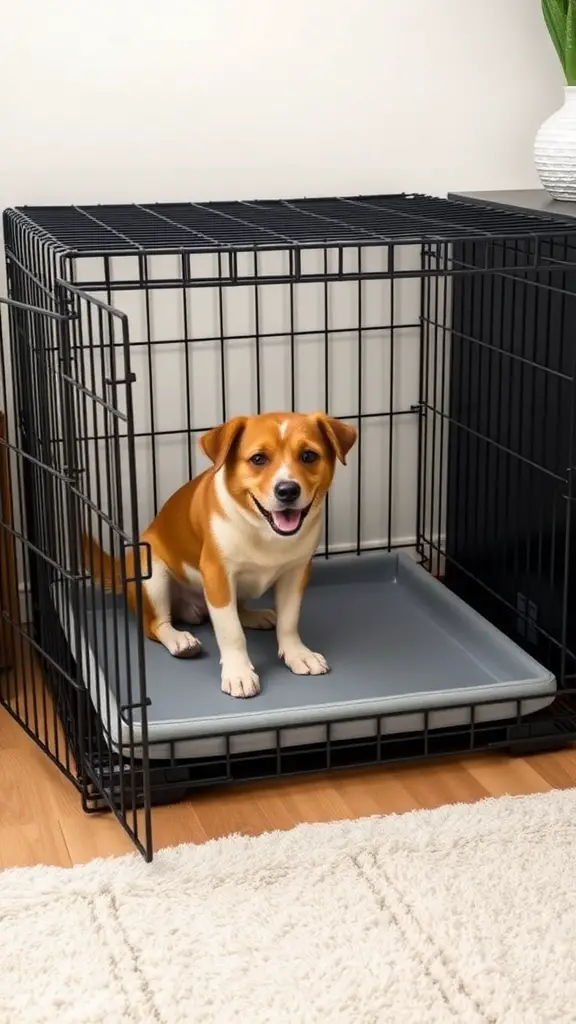 17+ Creative Dog Crate Ideas for Stylish Pet Spaces 14 A happy dog sitting in a dog crate with a removable tray, showcasing a clean and comfortable space.