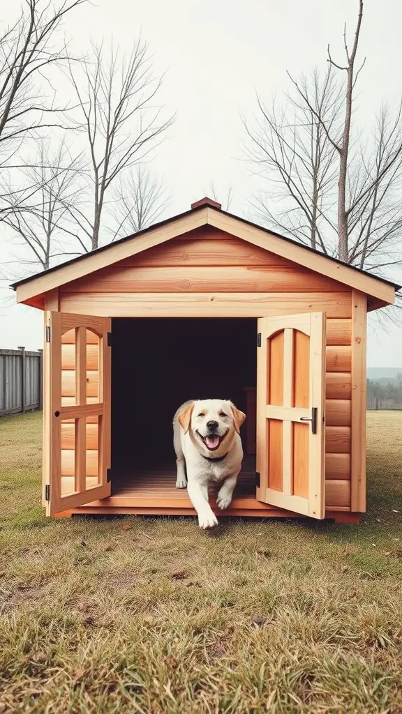 17+ Creative Outside Dog House Ideas for Your Furry Friend 2 A happy dog exiting a wooden dog house with double doors, set in a grassy area with trees in the background.