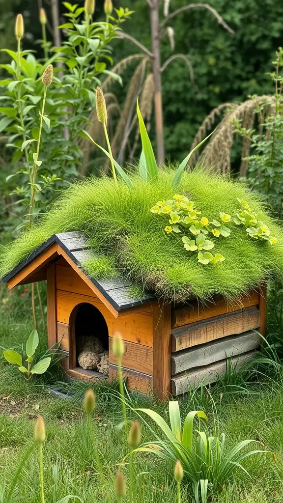 17+ Creative Outside Dog House Ideas for Your Furry Friend 17 A wooden dog house with a green roof covered in grass and plants, surrounded by greenery.