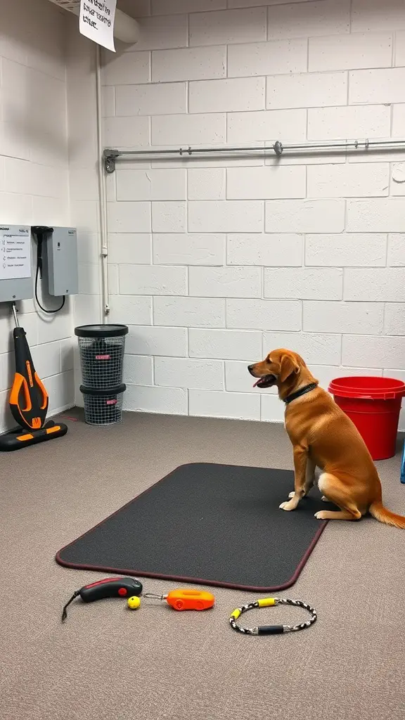 19+ Unique Dog Corner Ideas to Elevate Your Pet's Space 12 A dog training corner with a dog sitting on a mat, training tools like a clicker and leash nearby.
