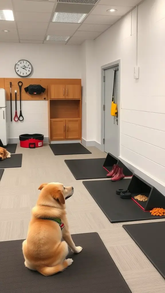 A dog training zone with mats, treats, and a calm atmosphere for effective training.