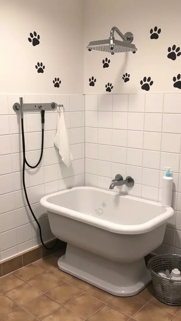 A dog wash station featuring a tub, showerhead, and paw print decorations.