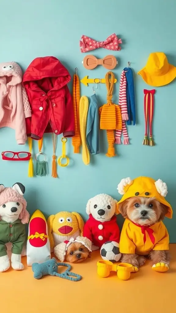 A colorful dog dress-up area with various dog outfits and accessories displayed on a wall.