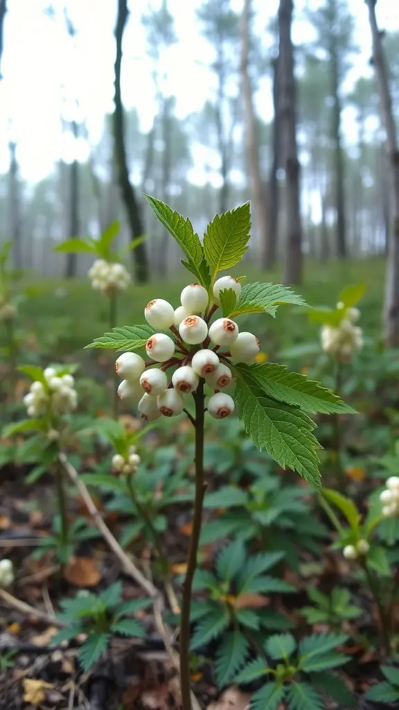 Close-up of Doll's Eyes plant with distinctive white berries and green leaves in a forest setting.