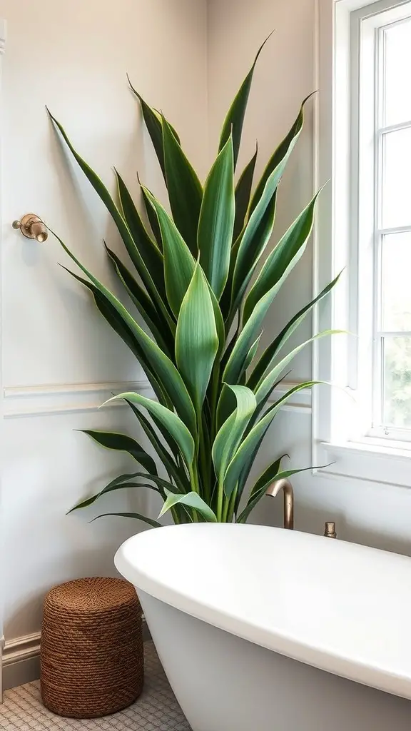 21 Stunning Bathroom Plants for a Fresh and Lively Space 17 Tall Dracaena plant in a modern bathroom next to a white bathtub