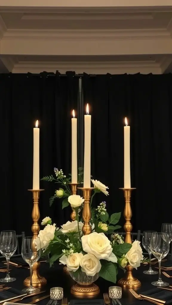 A winter wedding centerpiece featuring tall golden candlesticks with white candles and a floral arrangement of white roses and greenery on a black tablecloth.