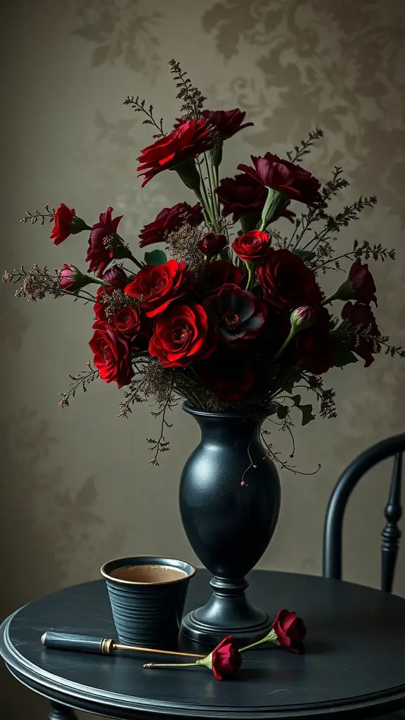 A dramatic floral arrangement featuring red roses and other blooms in a black vase, with a cup of coffee on a dark table.