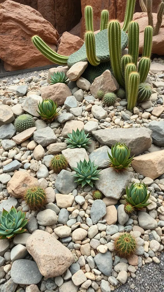 23 Stunning Dream Garden Ideas to Transform Your Outdoor Space 11 A rock garden featuring various succulents and cacti among stones.