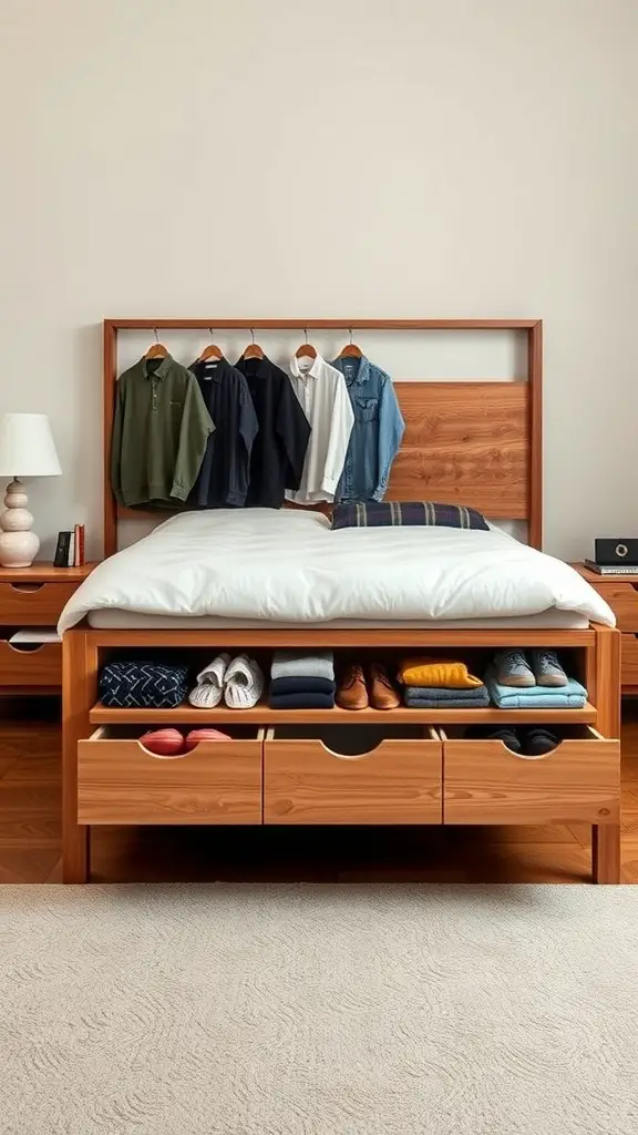 25+Creative Bed Frame with Storage Ideas You’ll Love 11 A wooden bed frame with storage drawers underneath, showcasing neatly folded clothes and shoes, with shirts hanging on the headboard.