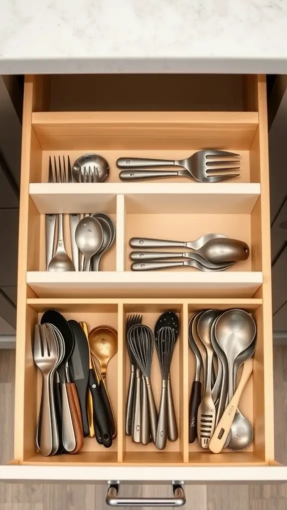17 Smart Small Kitchen Storage Ideas You’ll Love 10 Organized kitchen drawer with utensils separated by dividers
