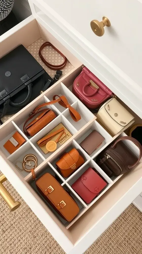 Organized drawer with handbag dividers displaying various bags in a neat arrangement.