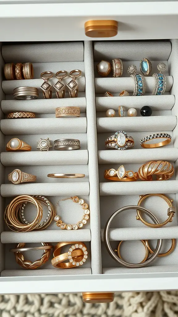 Organized jewelry drawer with dividers, showcasing various rings and earrings.