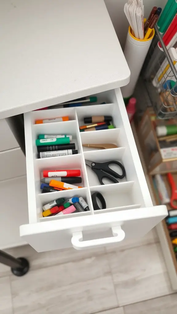 A neatly organized drawer with dividers holding various craft supplies like markers and scissors.