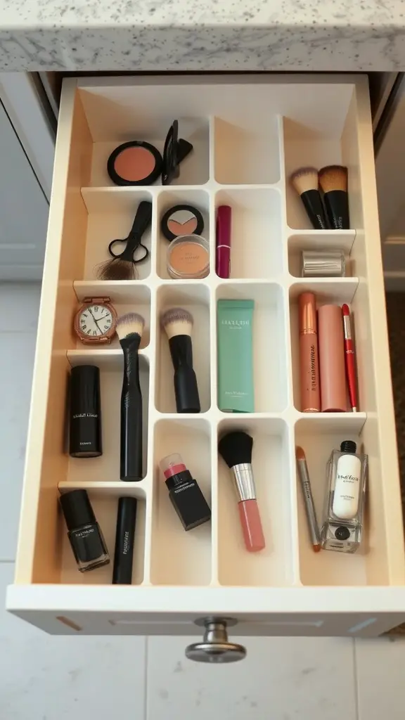 Organized bathroom drawer with makeup and beauty products separated by dividers.