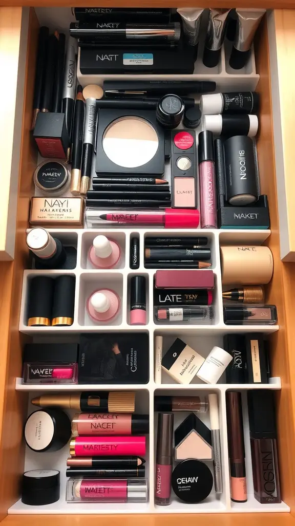 19+Creative Makeup Storage Ideas You Need to Try 14 Organized makeup drawer with dividers separating various makeup products.