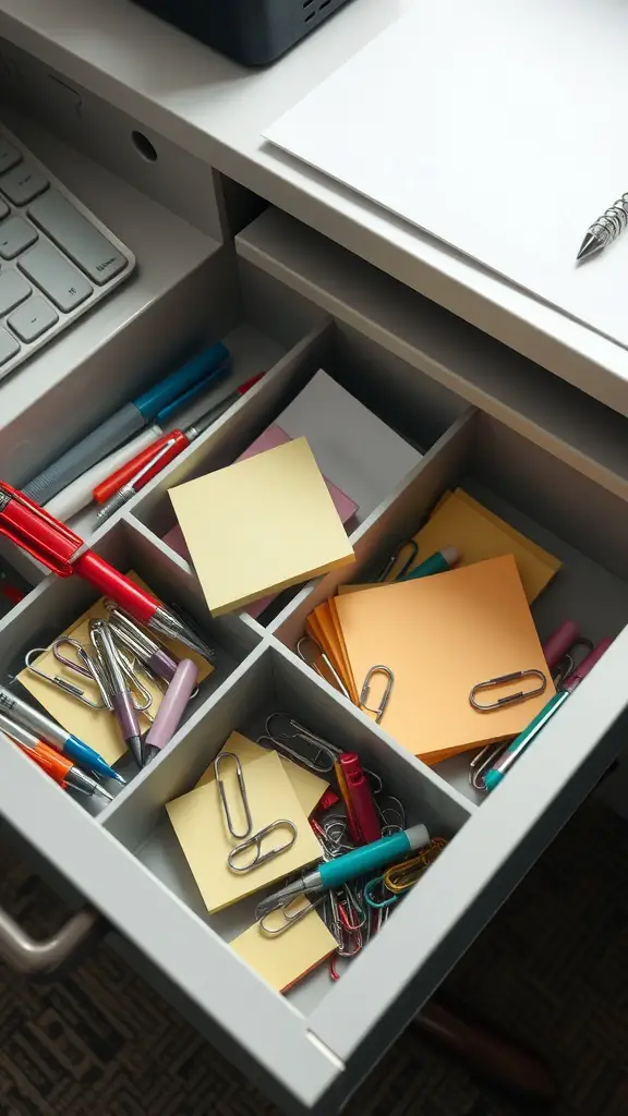 15 Creative Office Storage Ideas to Maximize Space 4 An organized office drawer with dividers holding pens, paper clips, and sticky notes.