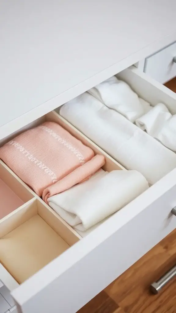 Organized drawer with towel dividers, showcasing neatly folded towels in various sections.
